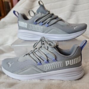 9W. Never Worn.  Puma Gray Athletic Sneakers With Blue Accents
